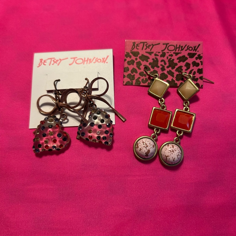 Betsey Johnson Pink Heart Earrings with Black Accents. NWT